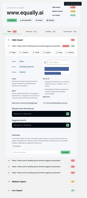 Equally AI accessibility issue detail with remediation guidance