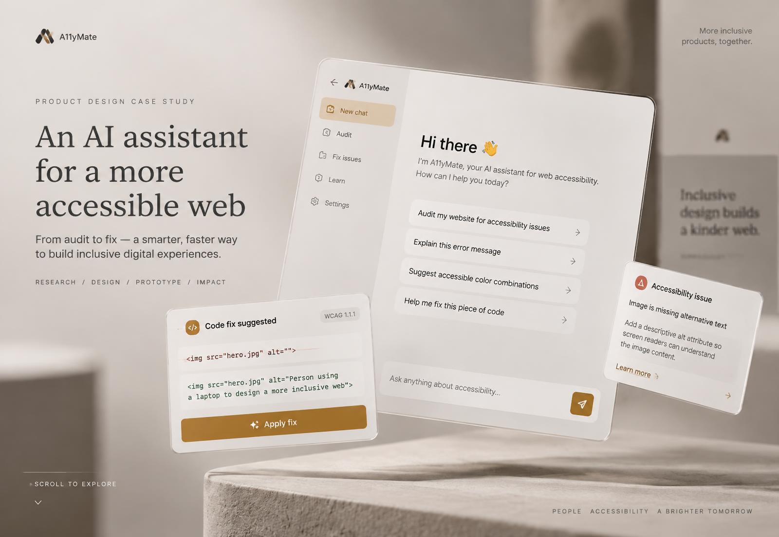 ARIA accessibility assistant interface showing suggested code fixes and a violation card